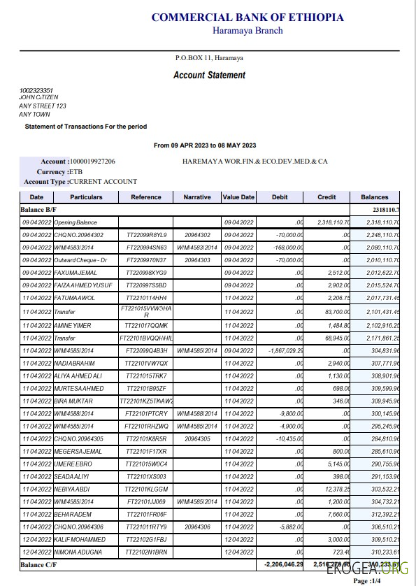 Modèle de relevé bancaire de l'Ethiopie Commercial Bank of Ethopia, format Word et PDF, 4 pages